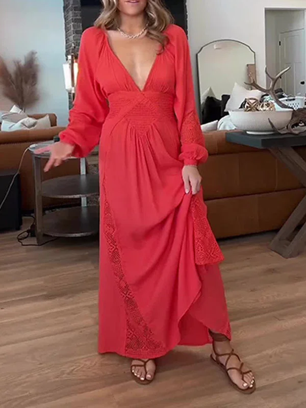 Style & Comfort for Mature Women Women's Long Sleeve V-neck Solid Color Maxi Dress