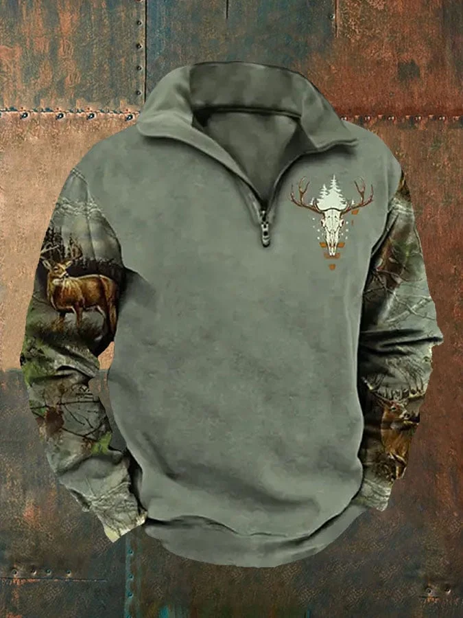 Men's Elk Print Zip Casual Top
