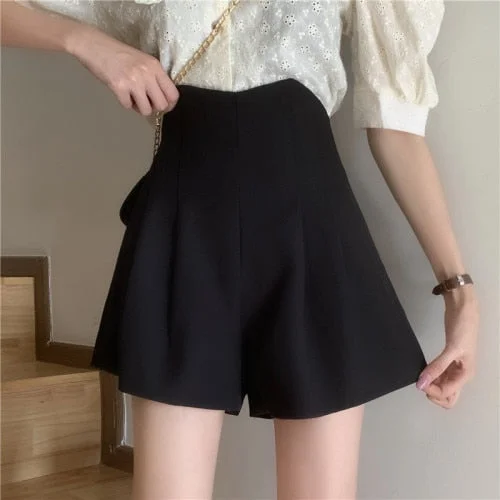 Shorts Women A-line Summer Short-skirt Office Lady Pleated Casual Holiday High Waist Loose Fashion Purple Lining Stylish Ulzzang