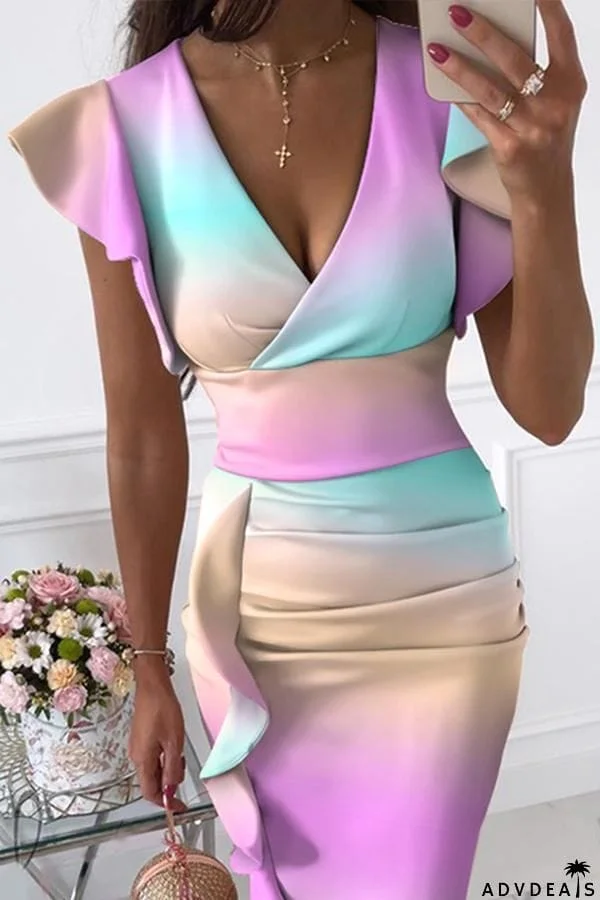 Multicolor Print V-Neck Pleated Slit Dress