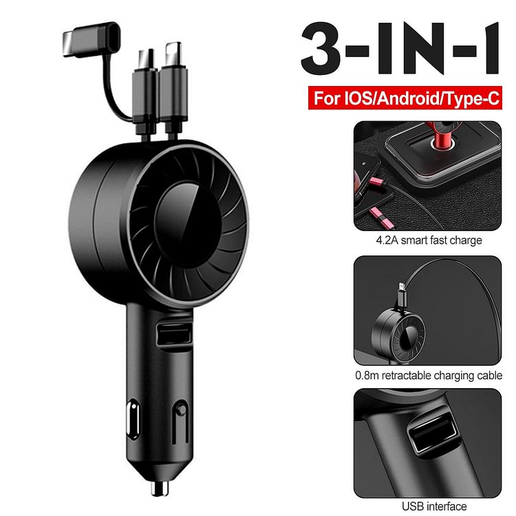 3-IN-1 Car Charger Mobile Phone  Adapter For IOS/Android/Type-C  
