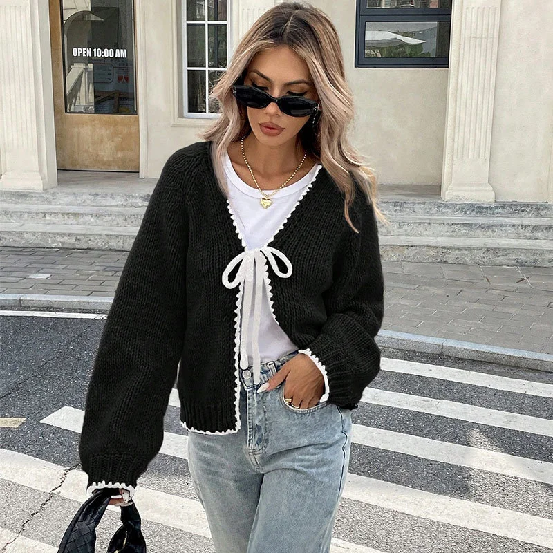 Athvotar Athvotar And Winter Sweater Women's New Knitted Shirt Loose Long-Sleeved Bow Tied With Cardigan Coat Top Woman