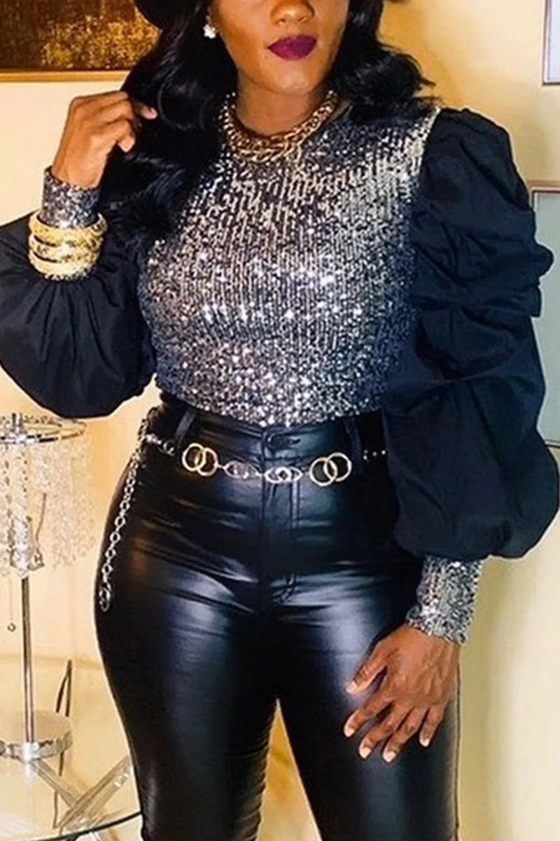Fashion Puff Sleeve Sequined Top
