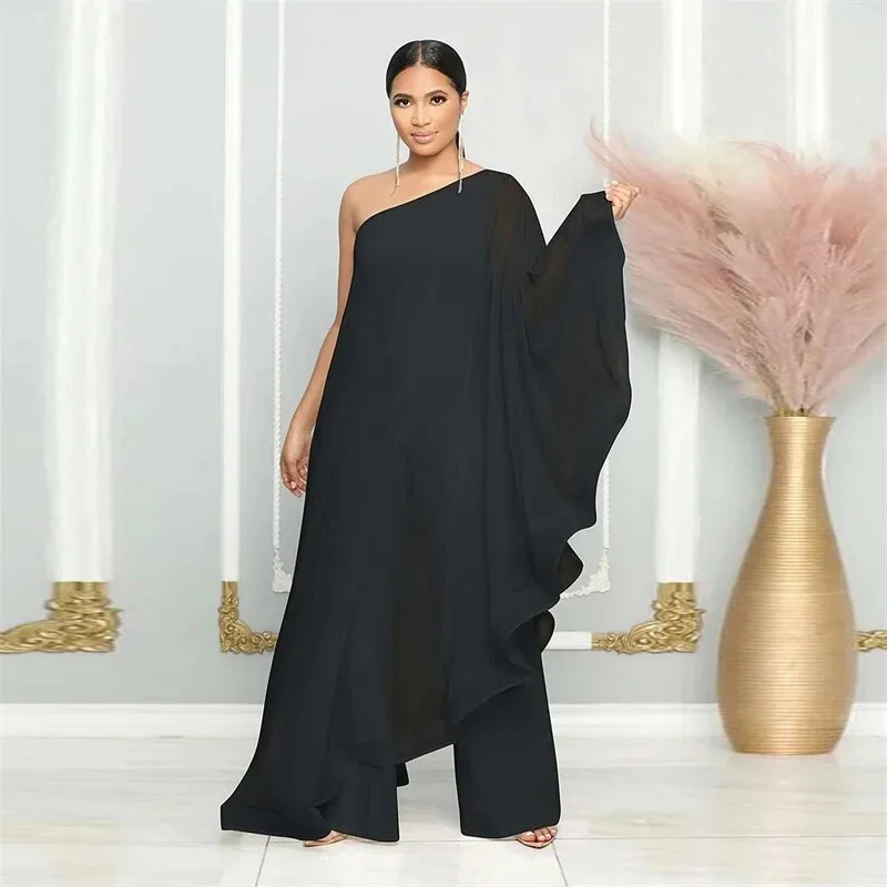 Brownm Chiffon One Shoulder Wide Leg Jumpsuit Women Night Party Birthday Outfits One Piece Romper Overalls Combinaison Femme