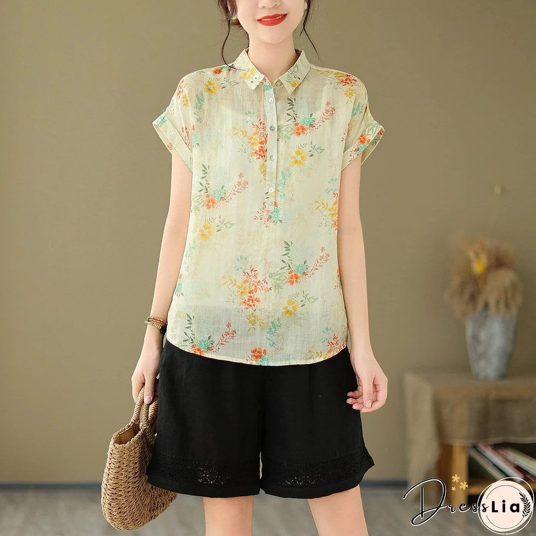 Women Summer Retro Print Linen Minimalist Tops