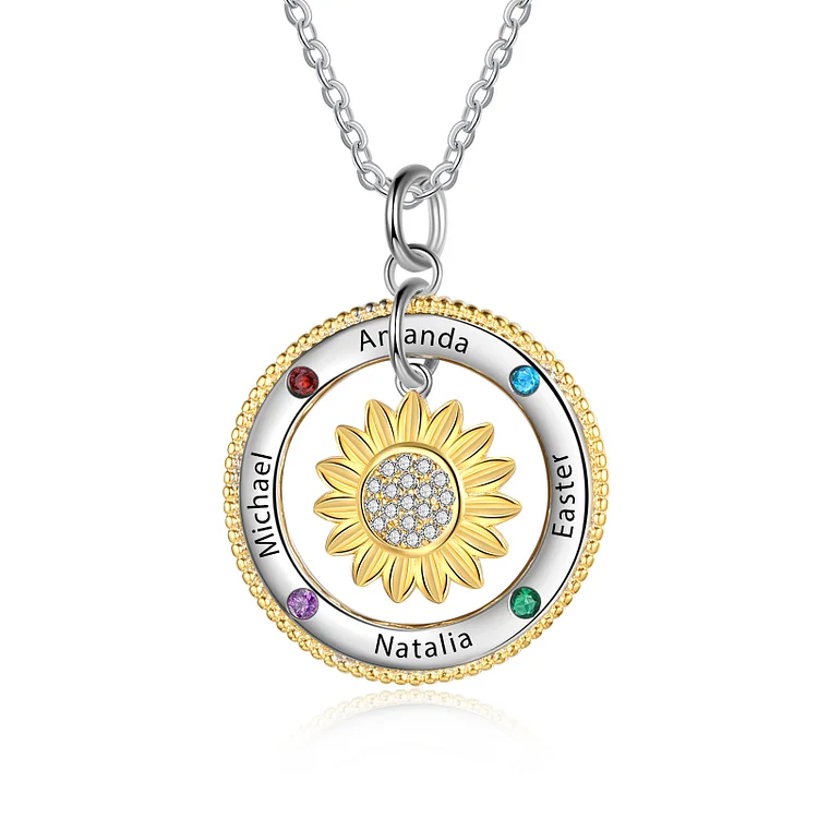 Personalized Sunflower Charm Necklace with 4 Birthstones for Her