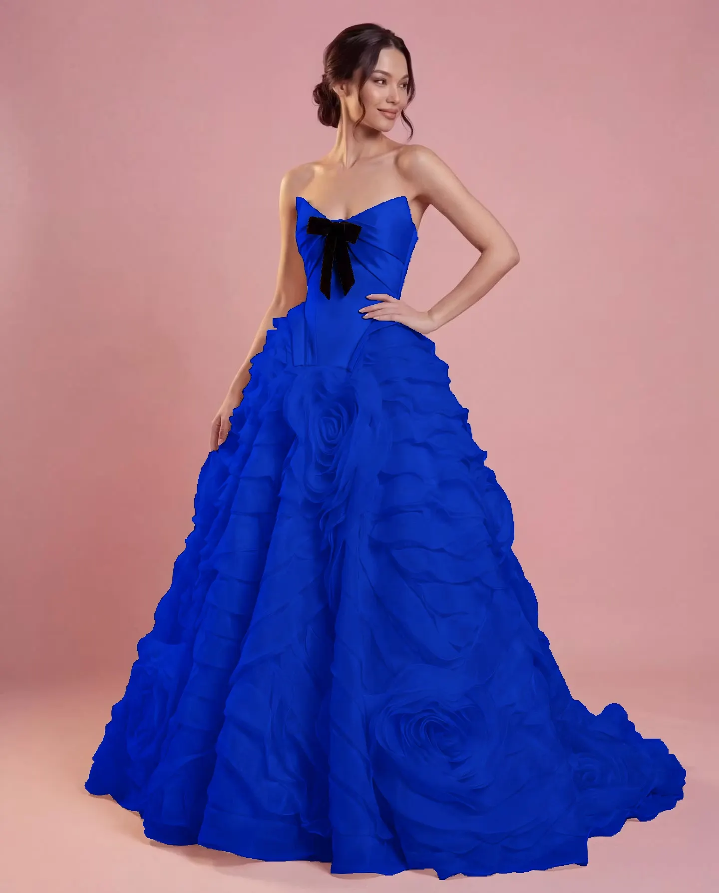 Daisda Sleeveless Strapless Satin 3D Handmade Rose Ruffled Prom Dress With Black Bowknot