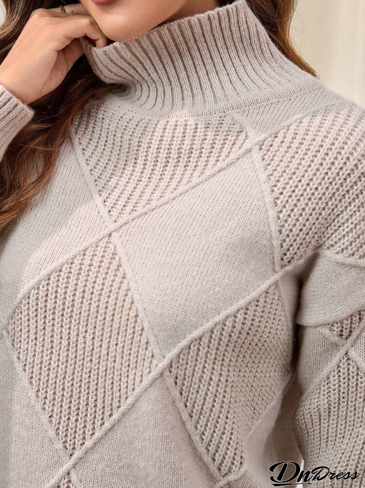 Women's Turtleneck Long Sleeve Textured Diamond Pattern Knitted Sweater