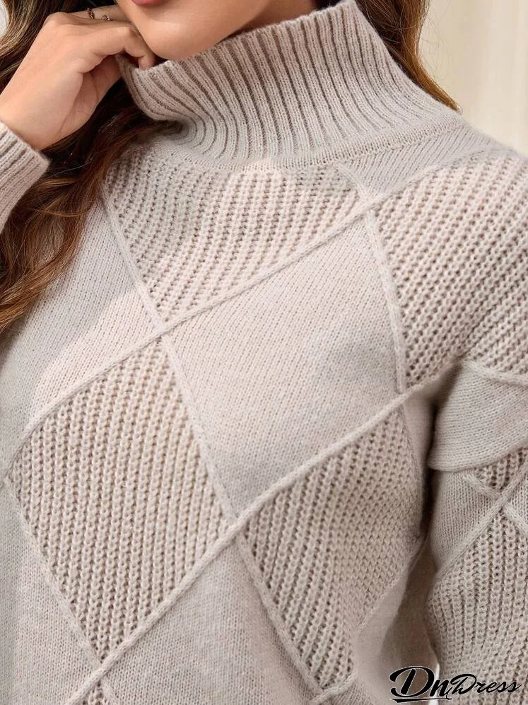 Women's Turtleneck Long Sleeve Textured Diamond Pattern Knitted Sweater