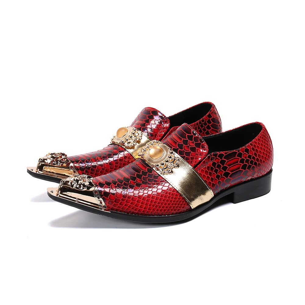 VCSHOES Social Metal Decoration Evening Male Formal Shoes Big Size Wedding Snake Print Cow Leather Shoes Prom Metal Pointed Toe Shoes