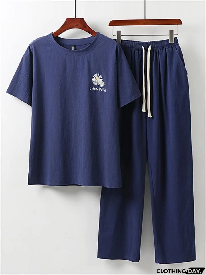 Loose Fit Linen 2-Piece Daisy Embroidered T-Shirt + Drawstring Full-Length Pants