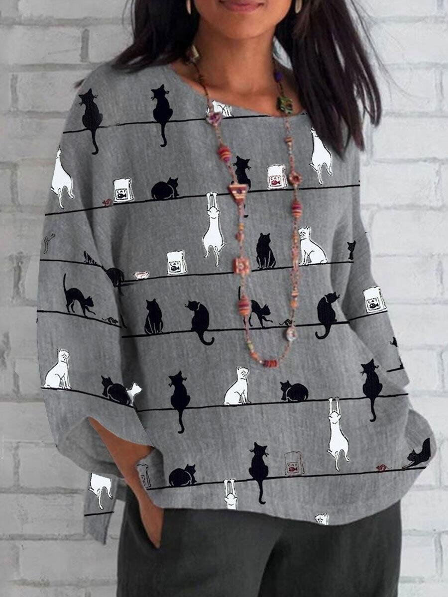 Casual round neck cute cat print T-shirt