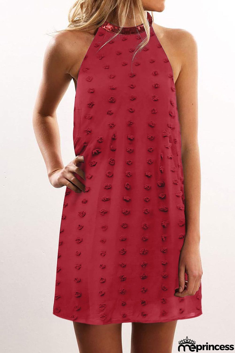 Pompom Mock Neck Sleeveless Shift Mini Dress