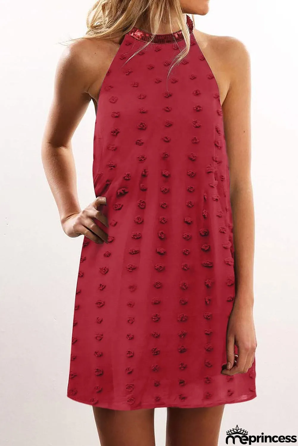 Pompom Mock Neck Sleeveless Shift Mini Dress