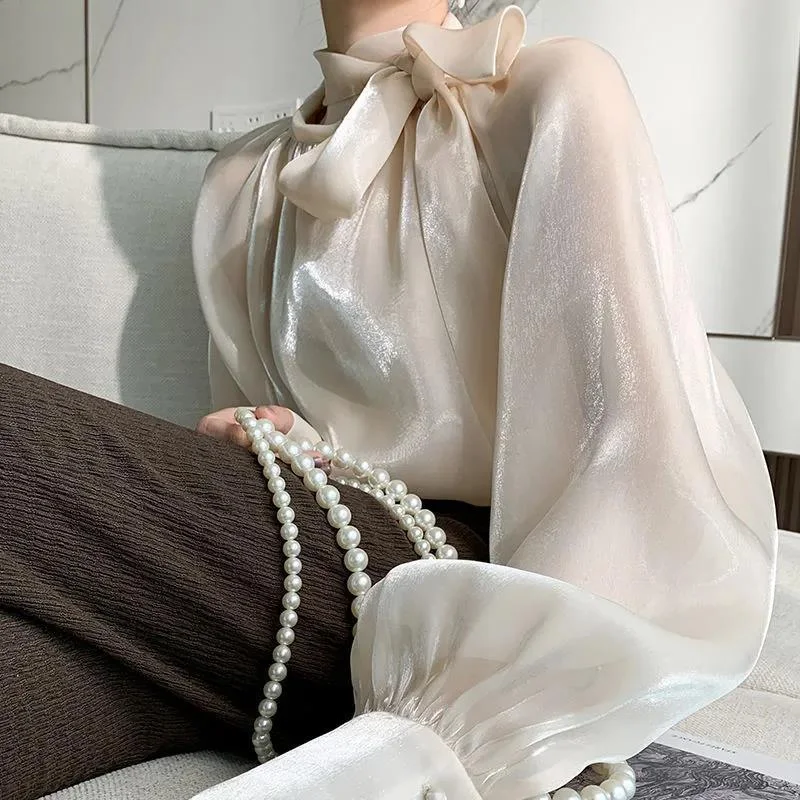 Oversized Women's Satin Blouses Stylish Big Bow Shirts 2023 Casual Puff Sleeve Female Solid Baggy Tunic Chemise