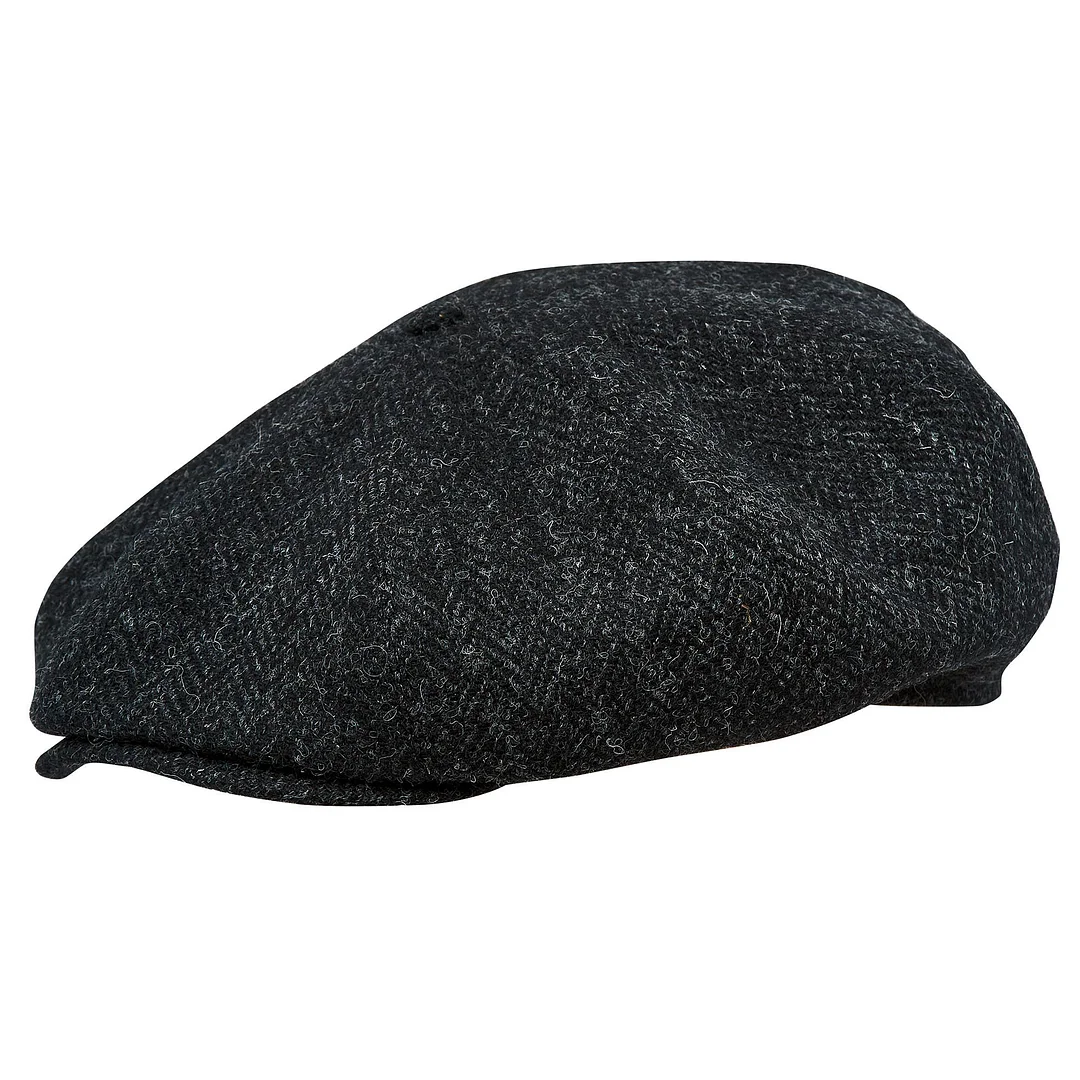 PEAKY CAPS Genuine Scottish Harris Tweed 8 Panels Man Cap Wool Large Crown BLACK