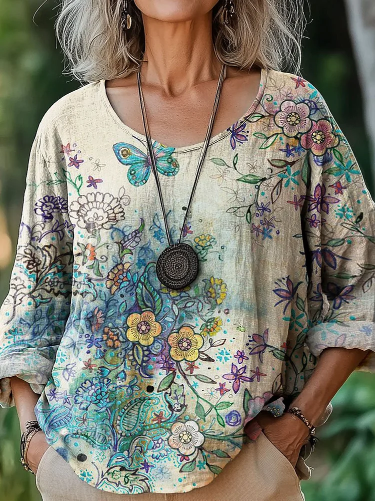 Women's Vintage Butterfly Floral Art Print Casual Cotton And Linen Shirt