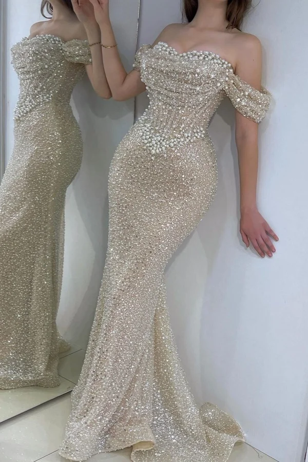 Lisliy Luxurious Pearls Mermaid Off-the-shoulder Beaded Prom Dress 