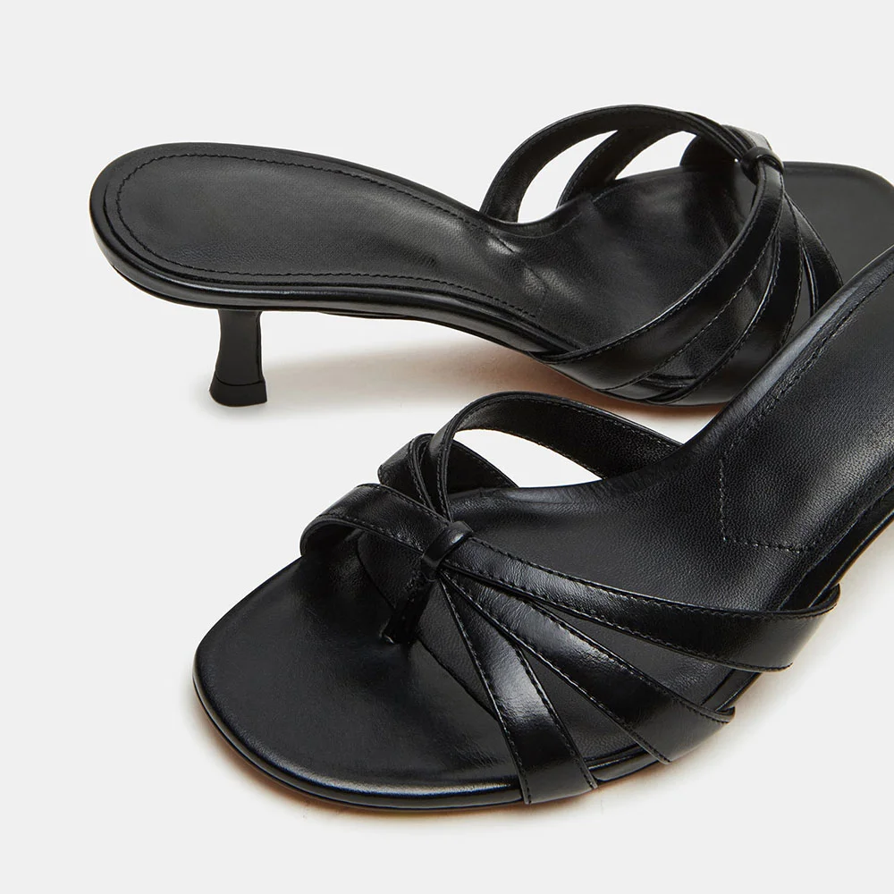 Black Crossed Strap Open Square Toe Spool Heel Slide Sandals Women