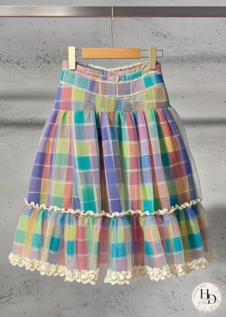Style Rainbow Plaid Patchwork Lace Tulle Skirts Summer