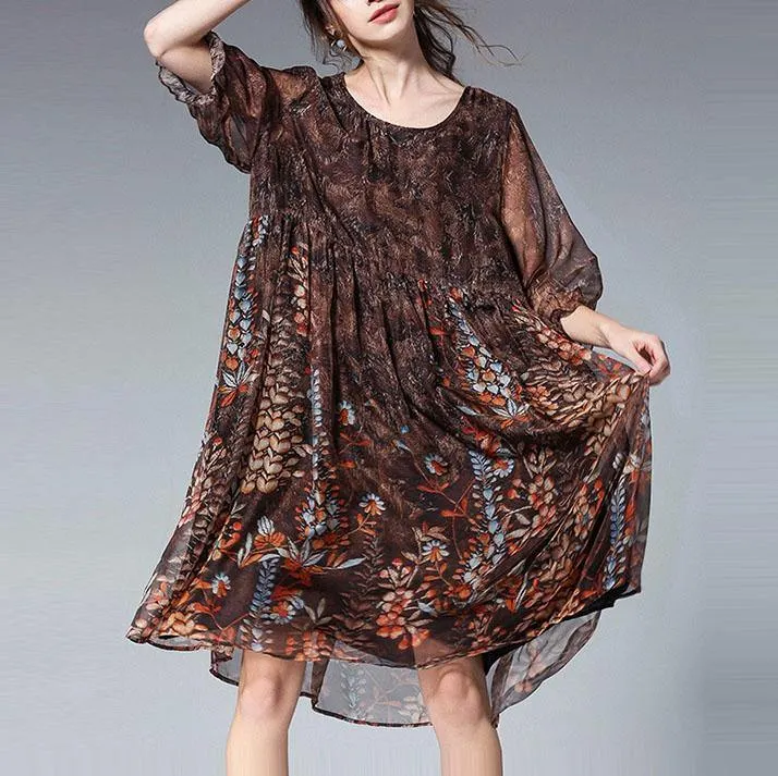 Unique Blue Print Tunic Pattern O Neck Cinched Plus Size Summer Dresses