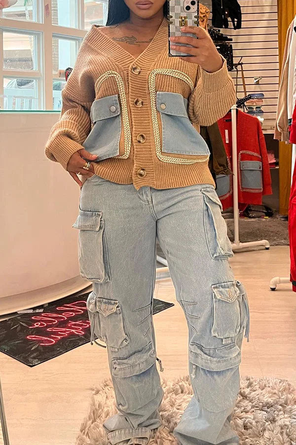 Fashion Patch Pocket Single-Breasted V-Neck Knitted Cardigan