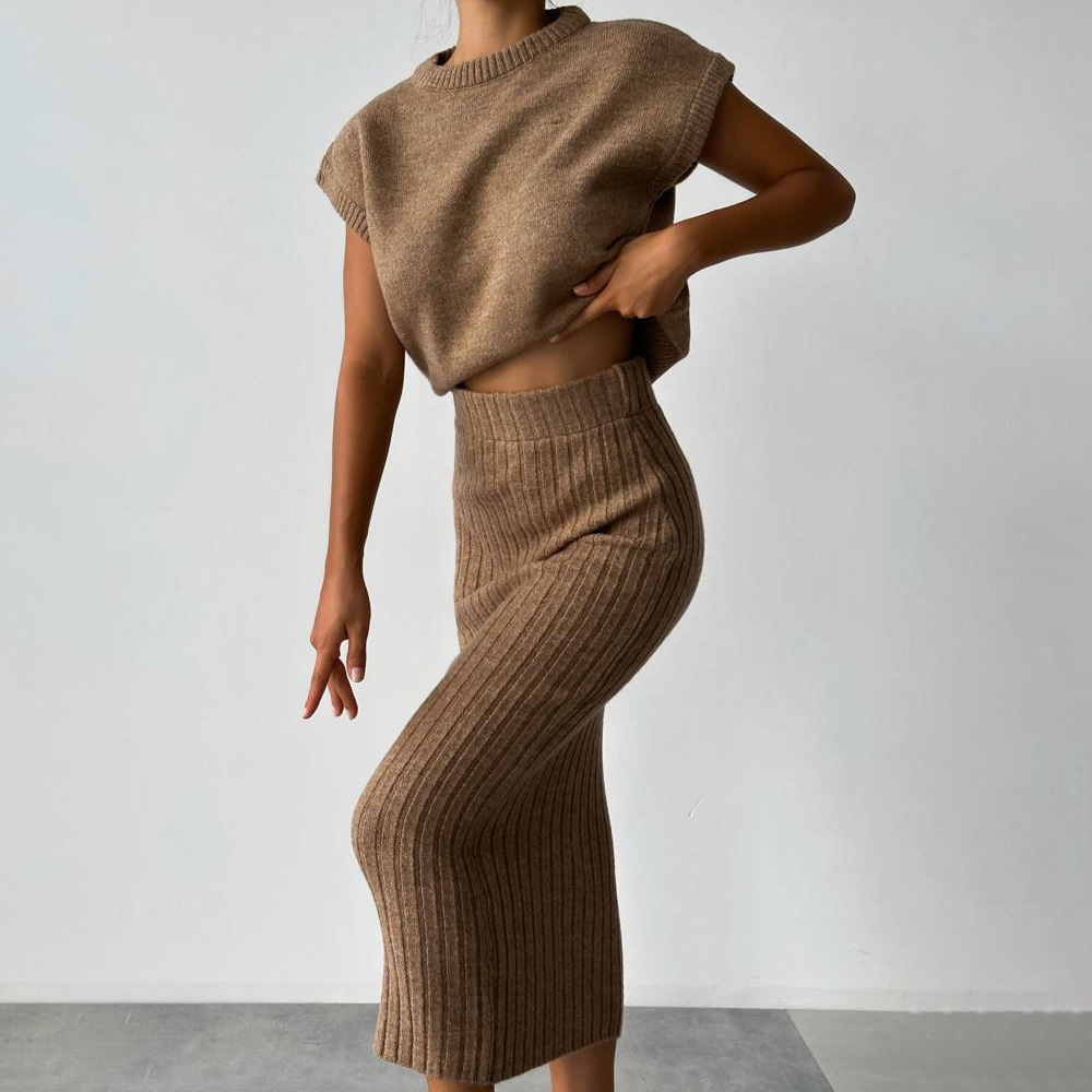 Ootddress Knit Sweater 2 Piece-Set Women Loose Ribbed Sleeveless Pullover And High Waist Long Skirt Outfits Knitwear Women's Sets