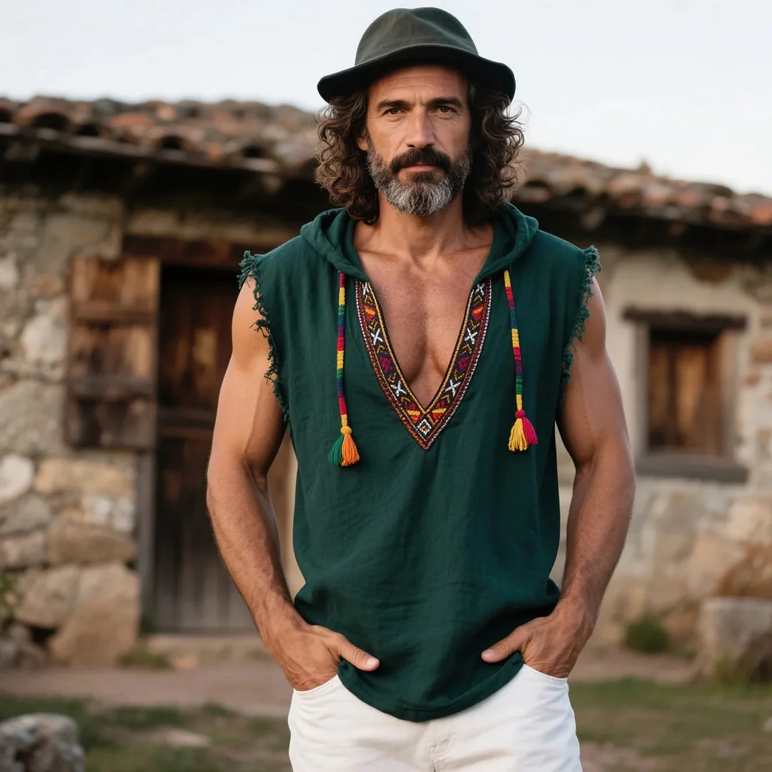  Bohemian Embroidered Sleeveless Hoodie for Men - Perfect for Summer Festivals and Casual Outings-inspireuse