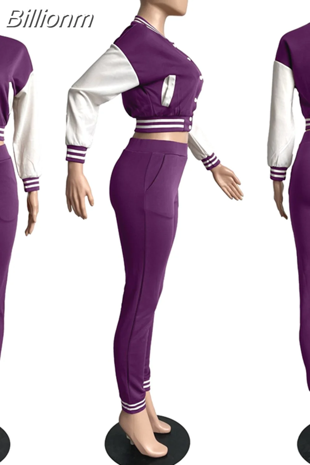 Billionm Casual Sporty 2 Piece Set Women Color Blocking Baseball Jurk Preppy Style Top+Sheath High Waist Female Trousers
