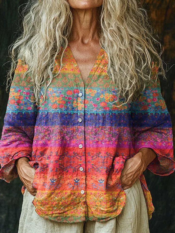 Women's Colorful Striped Flowers Print Linen And Cotton V-neck Casual Shirt
