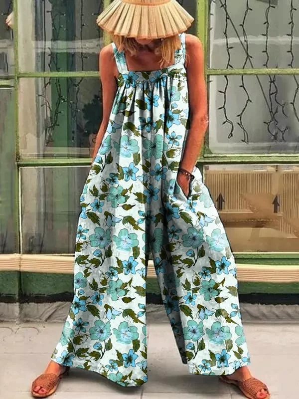 Retro floral loose casual jumpsuit