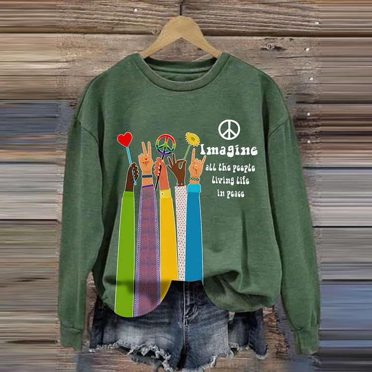 VChics Retro Hippie Imagine All The People Living Life In Peace Print Sweatshirt