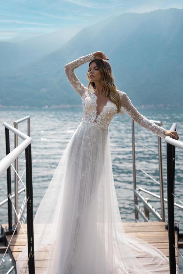 Gorgeous V-neck Lace Backless Boho A-line Wedding Dress With Long Sleeves | Ballbellas Ballbellas
