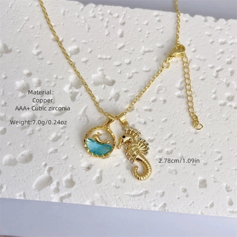 Retro Classic Style Hippocampus Mermaid Shell Copper Pearl Zircon 18K Gold Plated Inlay Pendant Necklace