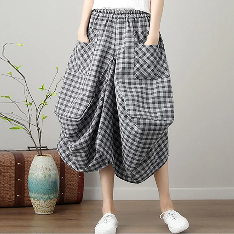 Wearshes Vintage Cotton Linen Loose Plaid Lantern Skirt