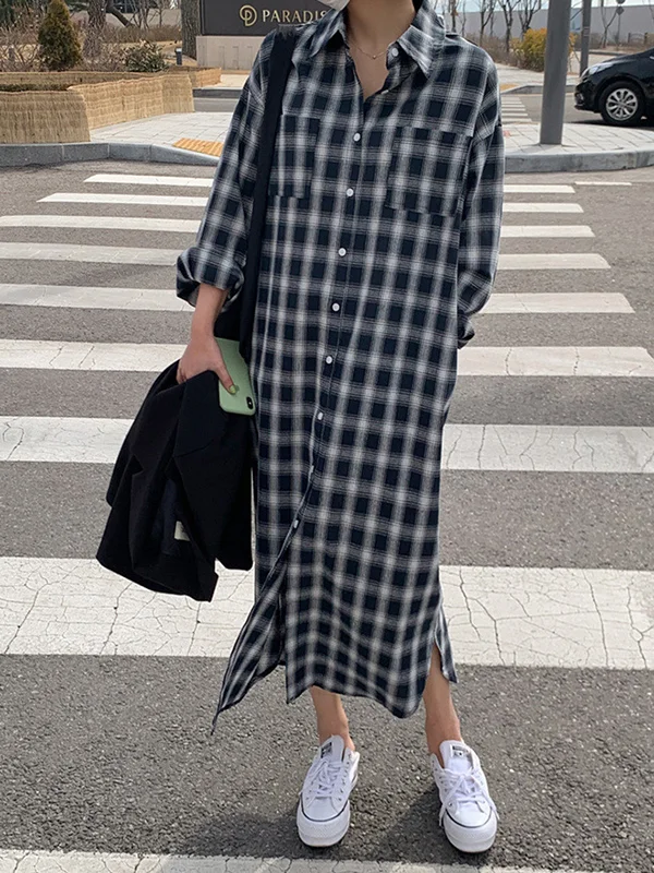 Original Vintage Loose Plaid Midi Shirt Dress