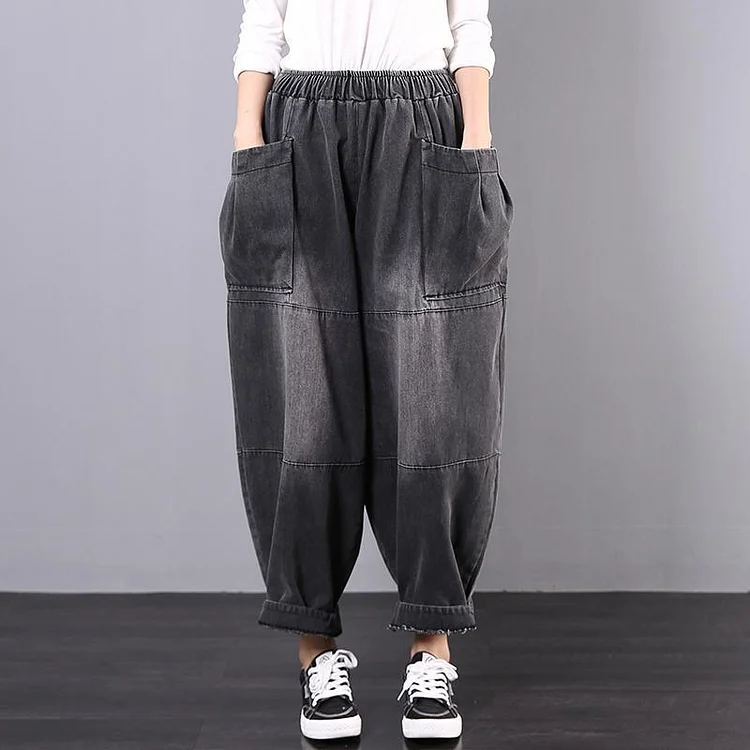 Spring loose large size retro black gray distressed jeans female Harem pants
