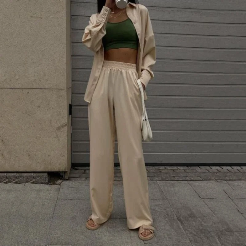 Msfancy Summer Pant Sets Women Long Sleeve Shirt Elastic Wait Wide Leg Trousers 2 Pieces Sets 2021 Female Casual Outfit