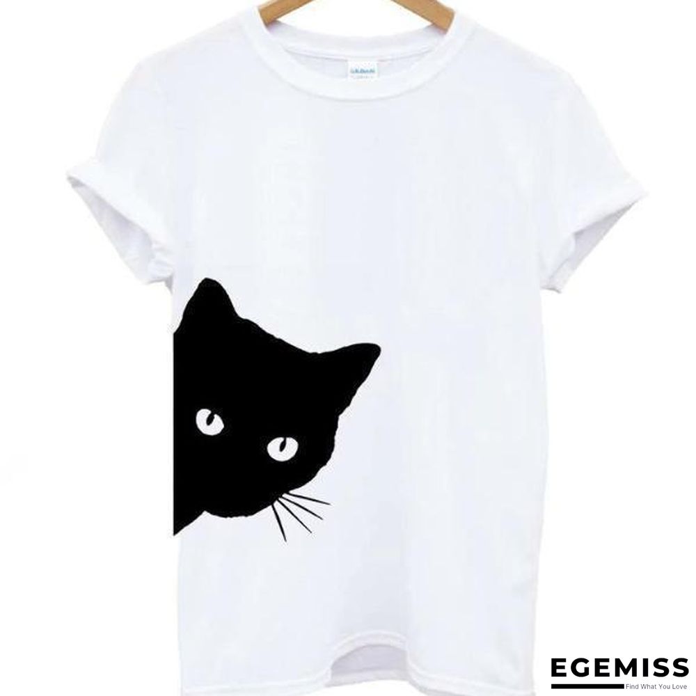Cat Looking Print Women T-Shirt Cotton Casual Top Tee | EGEMISS