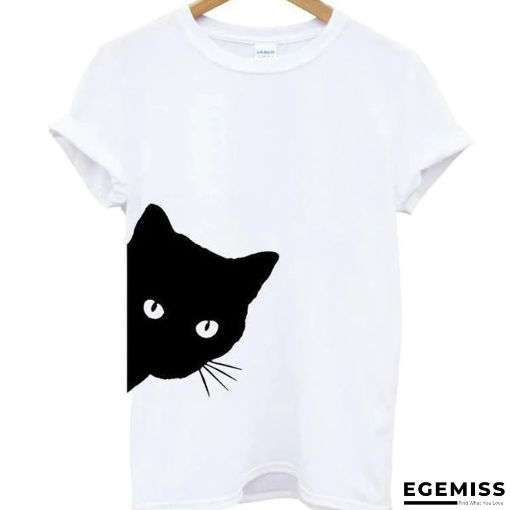 Cat Looking Print Women T-Shirt Cotton Casual Top Tee | EGEMISS