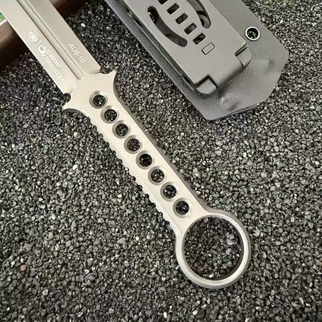 Eight-hole small sword, one-piece Aus-10 steel, portable small straight knife for outdoor camping, self-defense, and wilderness survival.