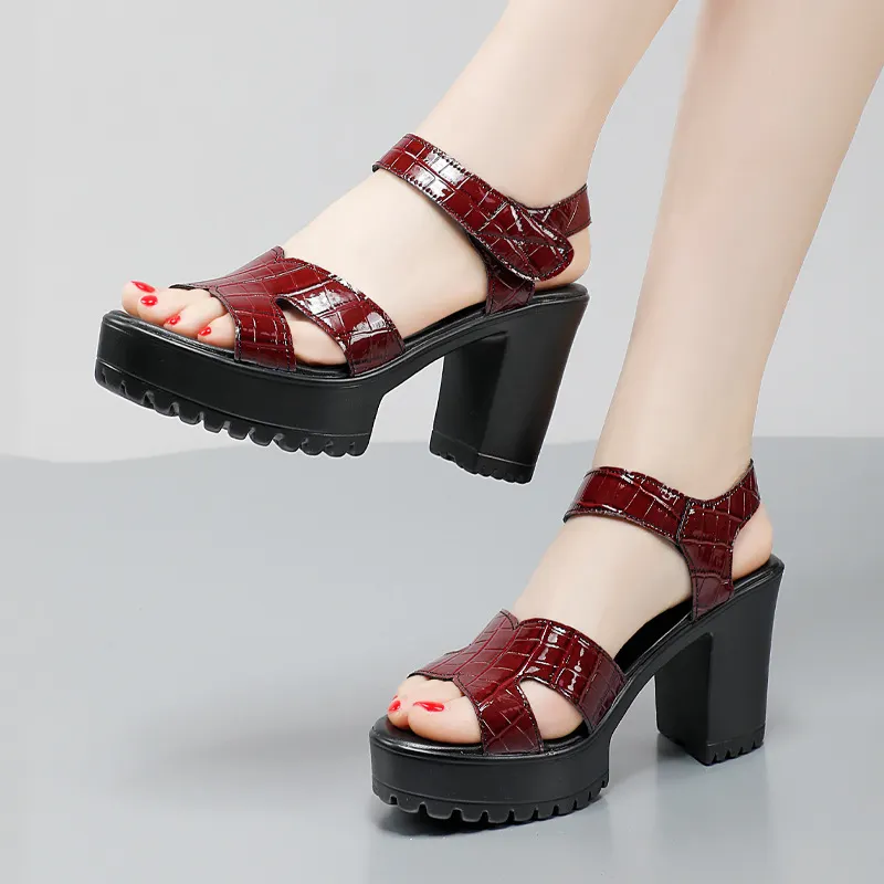 Breakj Breakj Leather High Heel Waterproof Sandals Women Fashion Crocodile Pattern Walking Shoes Summer Coarse Heel Magic Sticky H Women's Shoes
