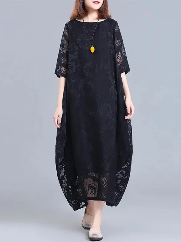 Solid Color See-Through Flower Print Loose Half Sleeves Round-Neck Midi Dresses