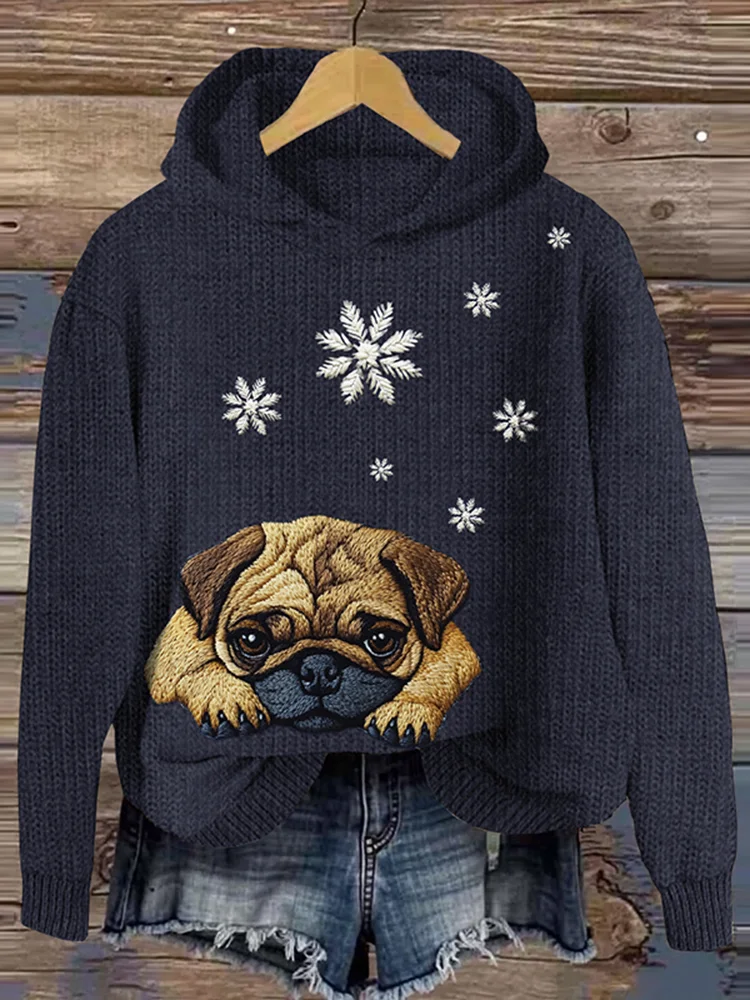 Cute Sleepy Pug Christmas Snowflake Embroidery Puppy Art Cozy Sweater Hoodie
