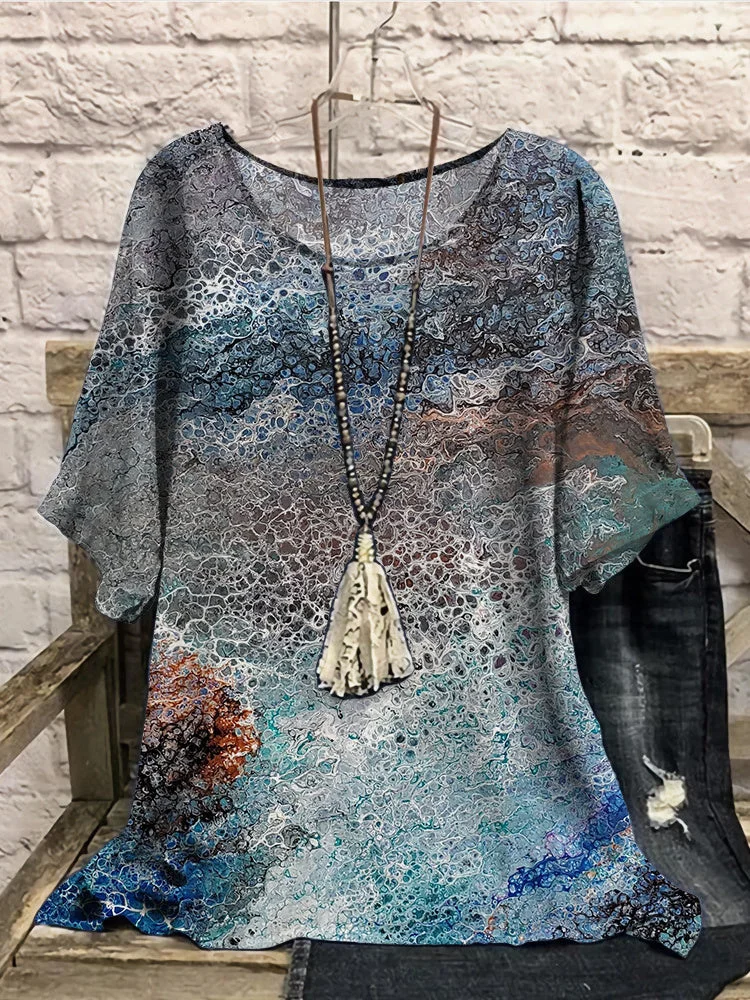 Women Half Sleeve Scoop Neck Colorblock Floral Printed Blue Women Tops