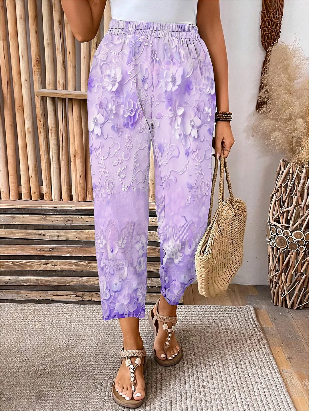 Plus Size Elastic Waist Purple,Floral,Bohemian Printed Pants