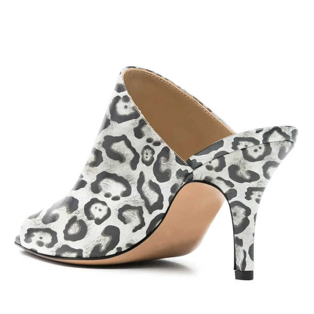 Fashion White & Black Peep Toe Slip On Leopard Print Heeled Mules