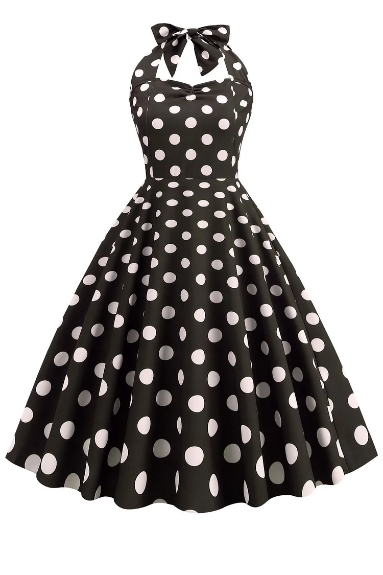 1950s Black Casual Bow Polka Dot Halter Ruched Swing Midi Dress
