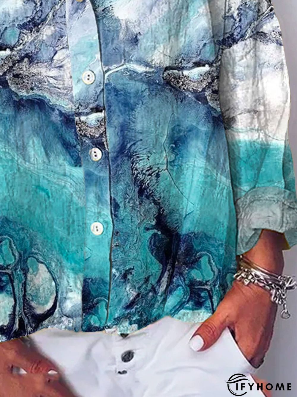 Printed Loose V Neck Cotton-Blend Blouse | IFYHOME