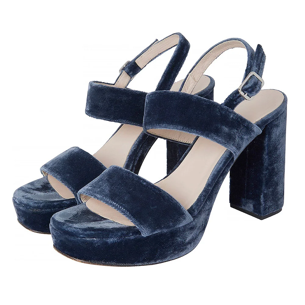 Navy Velvet Chunky Heel Strappy Open-Toe Platform Sandals for Women